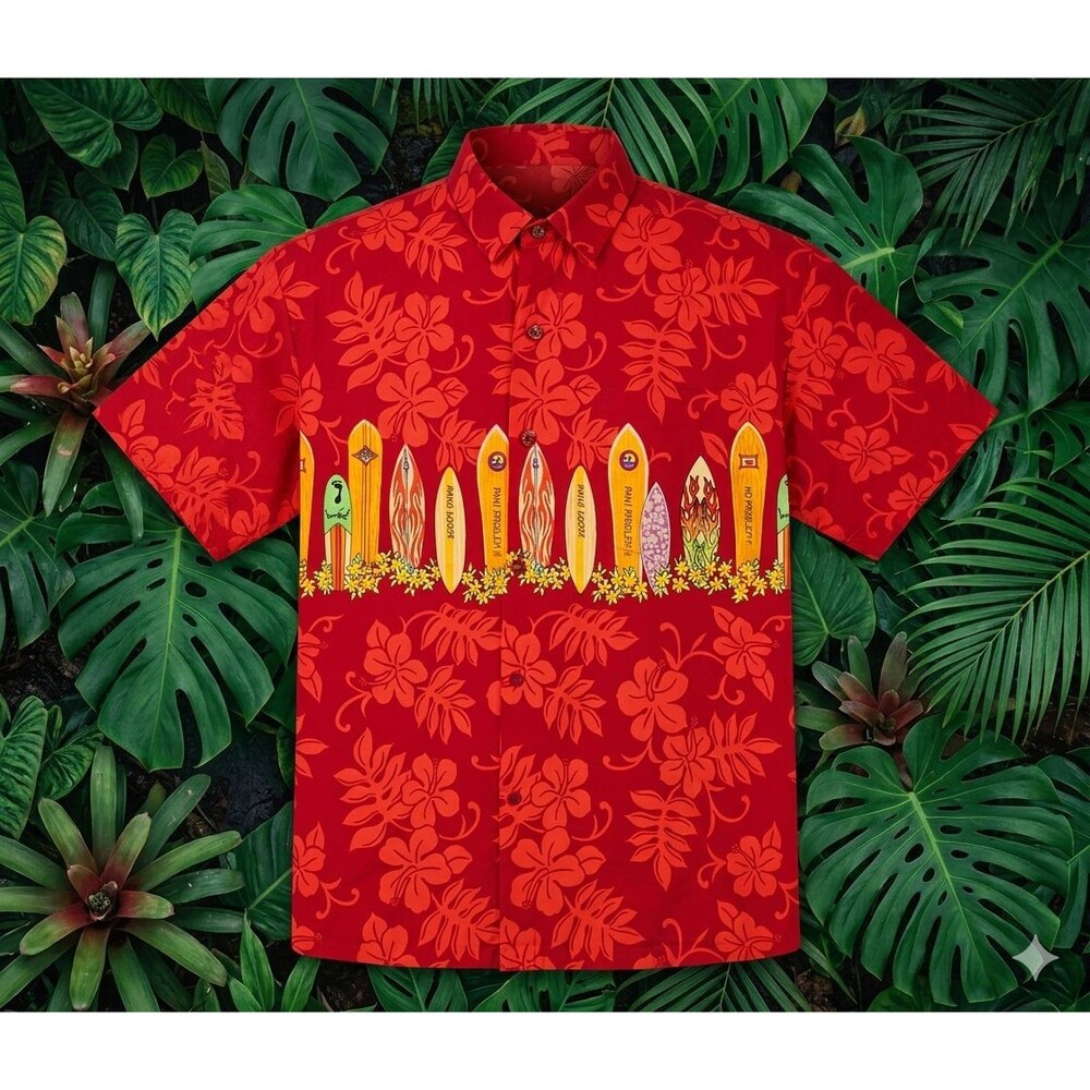 Rima Beachworld Hawaiian Shirt XL Red Floral Surfboard Panel Tropical Aloha Styl